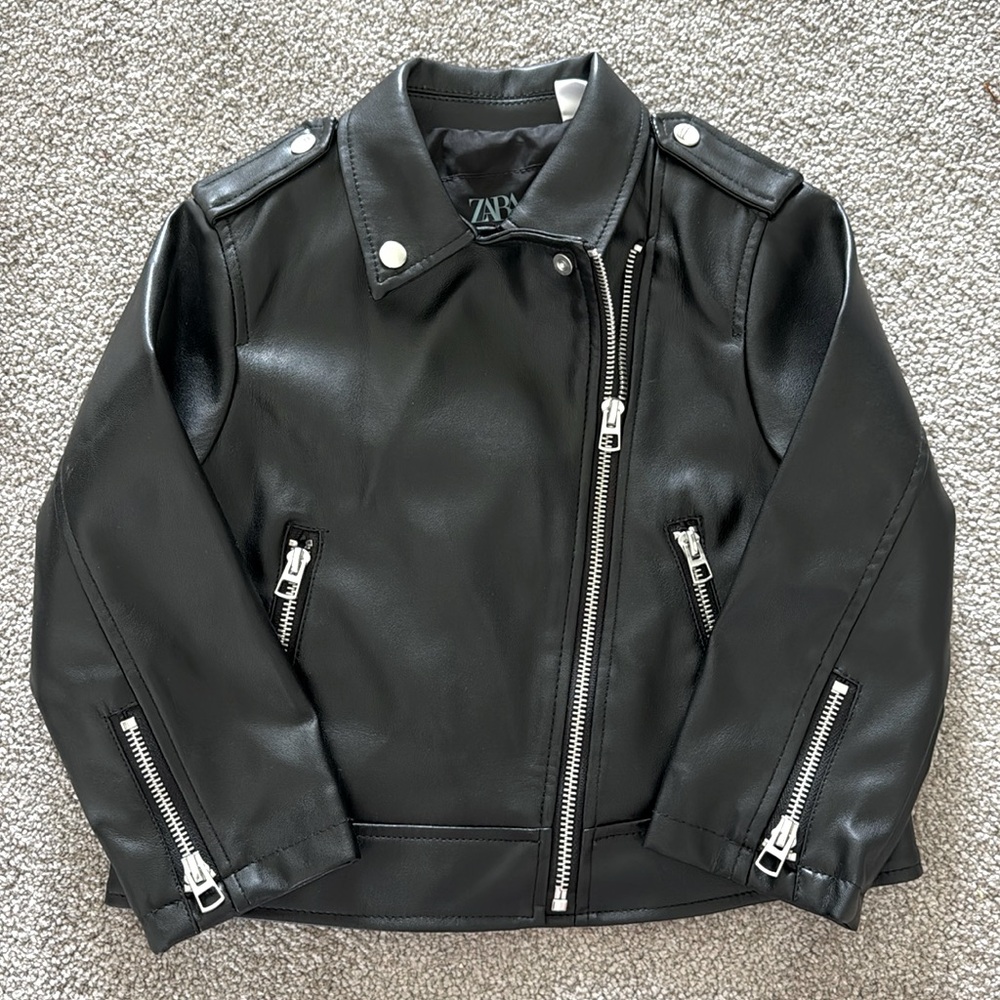 Zara Girls’ Black Leather Jacket, Size 3-4Y